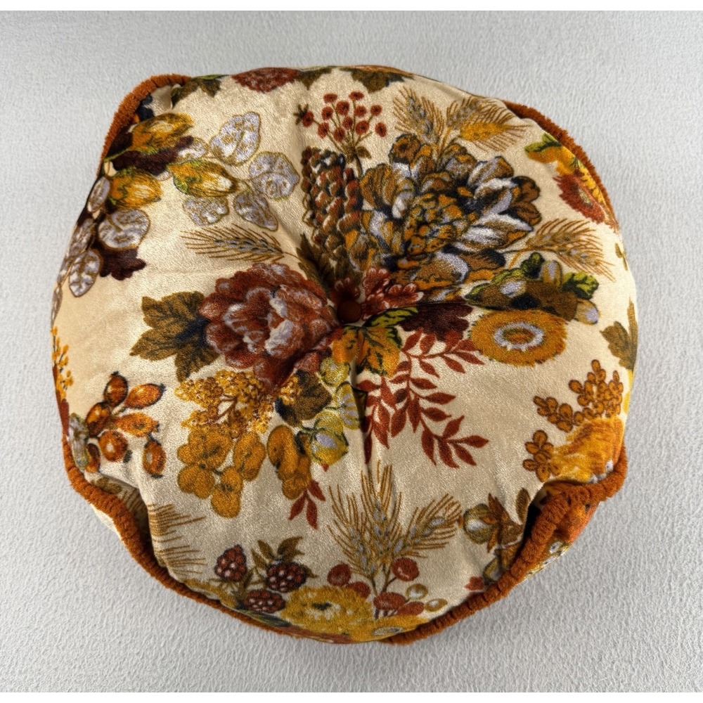 VTG 70s Velvet Floral Round Throw Pillow Orange Green Retro Boho MCM